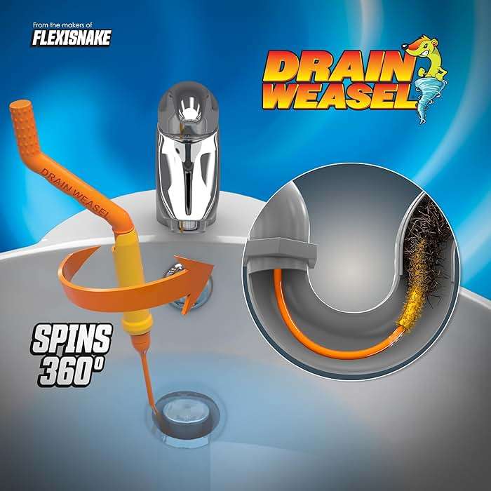 Flexisnake Drain Weasel Hair Clog Remover Kit – Plumbing Snake Auger for Cleaning Shower, Bath Tub, Bathroom Drains with Rotating Handle and 5 Disposable Wands, Made in USA - Image 2