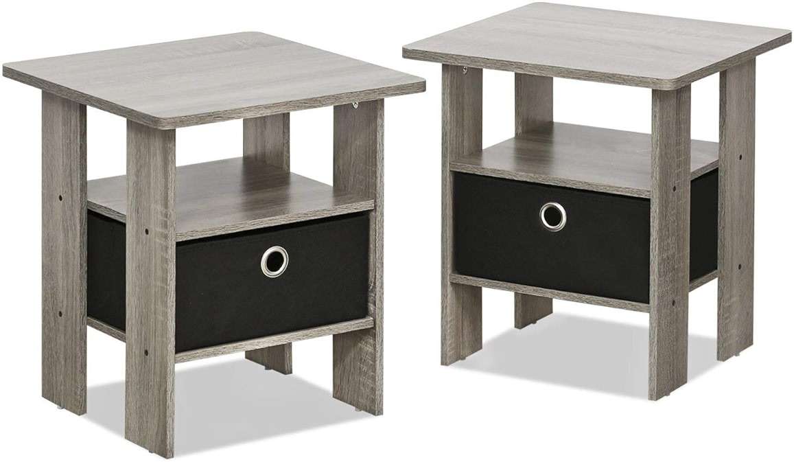 Furinno Andrey Set of 2 End Table / Side Table / Night Stand / Bedside Table with Bin Drawer, French Oak Grey - Image 1