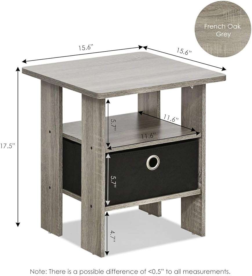 Furinno Andrey Set of 2 End Table / Side Table / Night Stand / Bedside Table with Bin Drawer, French Oak Grey - Image 3