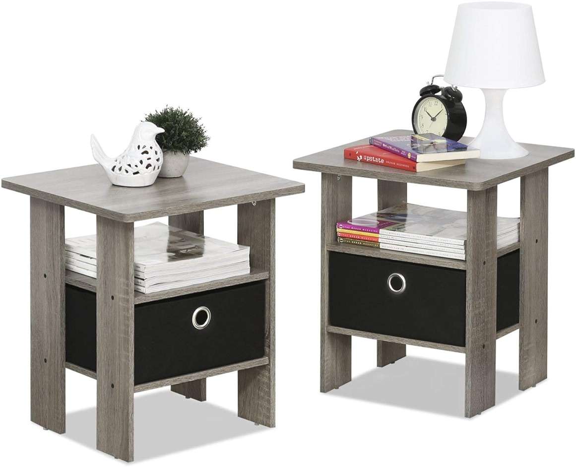 Furinno Andrey Set of 2 End Table / Side Table / Night Stand / Bedside Table with Bin Drawer, French Oak Grey - Image 4