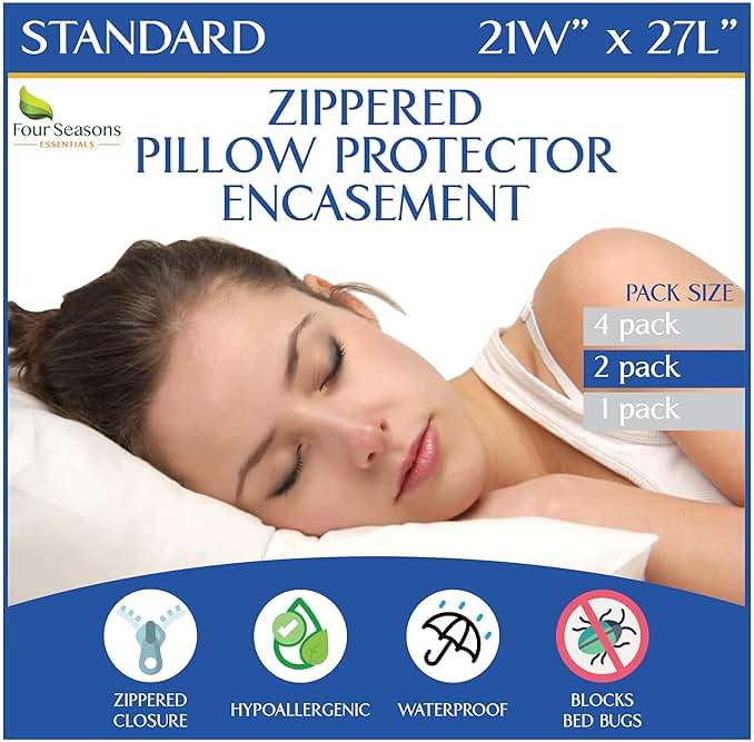 Four Seasons Essentials Standard Pillow Protectors (Set of 2) – Zippered Waterproof Pillow Covers Hypoallergenic Dust Proof Pillowcase Encasement Cover - Image 1