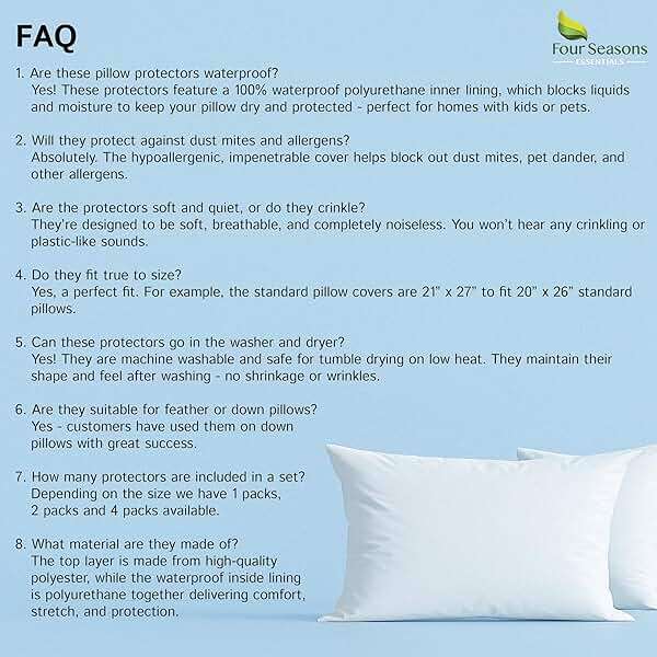 Four Seasons Essentials Standard Pillow Protectors (Set of 2) – Zippered Waterproof Pillow Covers Hypoallergenic Dust Proof Pillowcase Encasement Cover - Image 9
