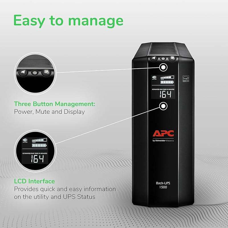 APC UPS Back-UPS Pro 1500VA UPS, 900W Battery Backup & Surge Protector, AVR, 10 Outlets (NEMA 5-15R), LCD, BX1500M Uninterruptible Power Supply for Computers, Wi-Fi Routers, Home Office Electronics - Image 2