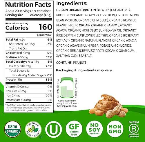 Orgain Organic Vegan Protein Powder, Peanut Butter - 21g Plant Protein, 7g Prebiotic Fiber, Low Net Carb, No Dairy Ingredients, No Added Sugar, For Shakes & Smoothies, 2.03 lb (Packaging May Vary) - Image 2