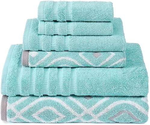 Modern Threads 6 Piece Bath Towel Set – Bathroom Set with 2 Bath Towels, 2 Hand Towels, and 2 Wash Cloths – 100% Cotton, Super Absorbent & Extra Soft – Reversible Classic Diamond (Aqua) - Image 1
