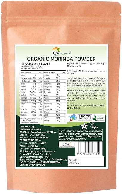 Grenera Organic Moringa Powder | Moringa Oleifera Leaf | Plant Based Ingredient | Lab Tested for Quality | Easy Mix for Smoothies, Drinks & Recipes | from Organic Farms in India | 2.2 lbs (1 kg) - Image 9