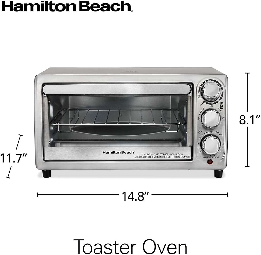 Hamilton Beach 4-Slice Toaster Oven with 5 Cooking Modes (Bake, Broil, Keep Warm Toast & Bagel) with Stay On & Auto Shutoff, 2 Rack Positions, 1100 Watts and 3 Accessories, Stainless Steel (31143) - Image 2