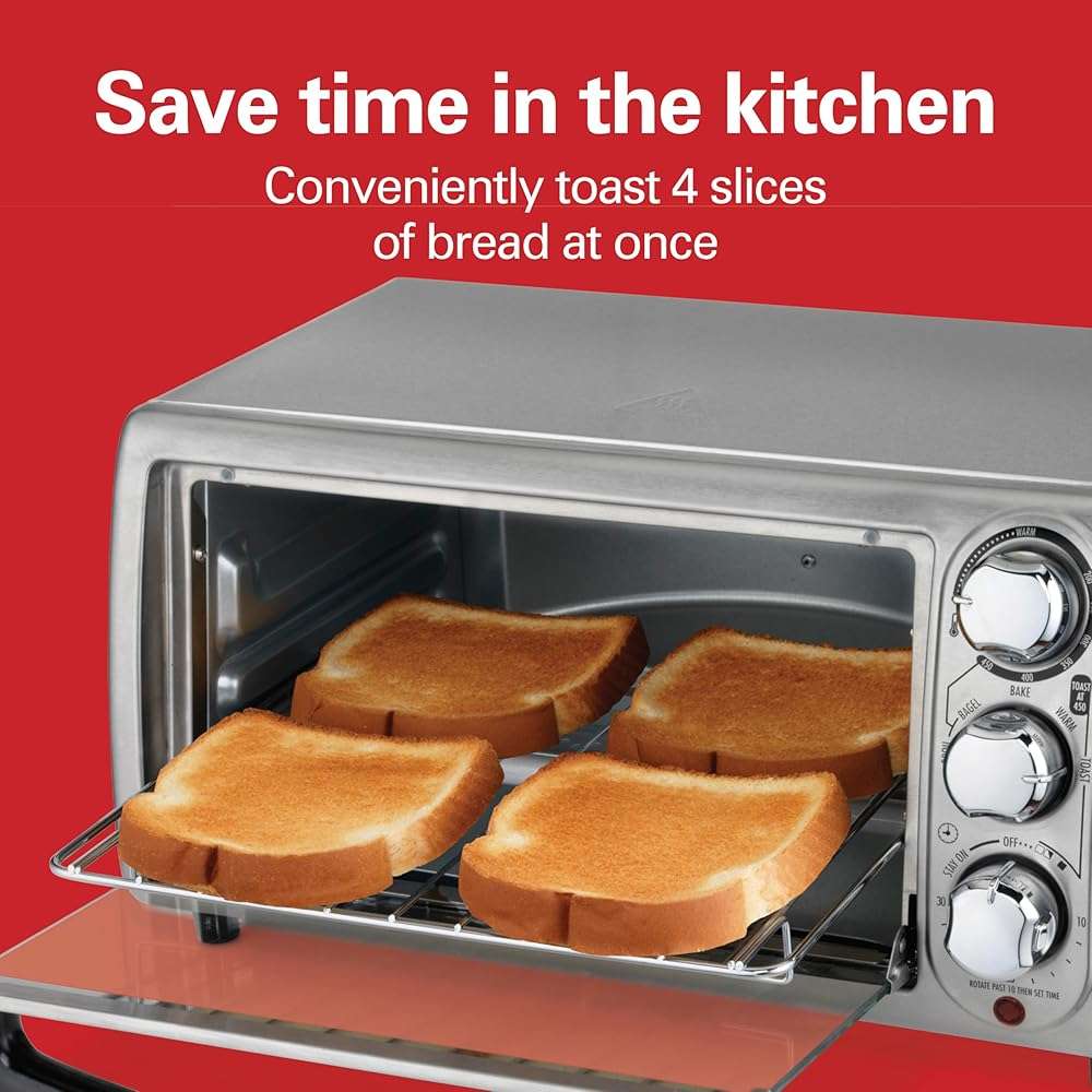 Hamilton Beach 4-Slice Toaster Oven with 5 Cooking Modes (Bake, Broil, Keep Warm Toast & Bagel) with Stay On & Auto Shutoff, 2 Rack Positions, 1100 Watts and 3 Accessories, Stainless Steel (31143) - Image 3