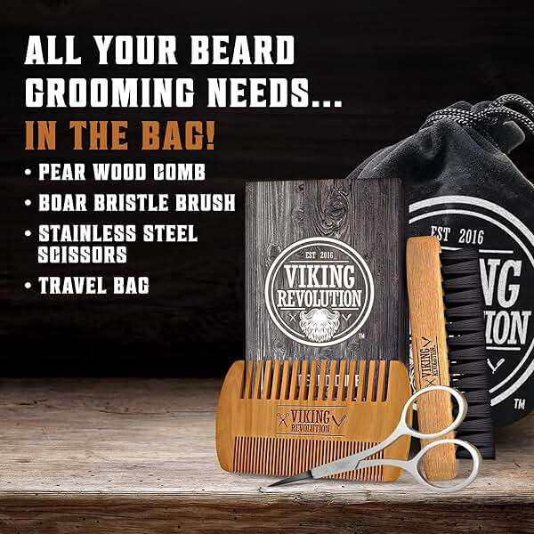 Viking Revolution Beard Comb & Beard Brush Set for Men -- Natural Boar Bristle Brush and Dual Action Pear Wood Comb w/Velvet Travel Pouch - Great for Grooming Beards and Mustaches - Image 2