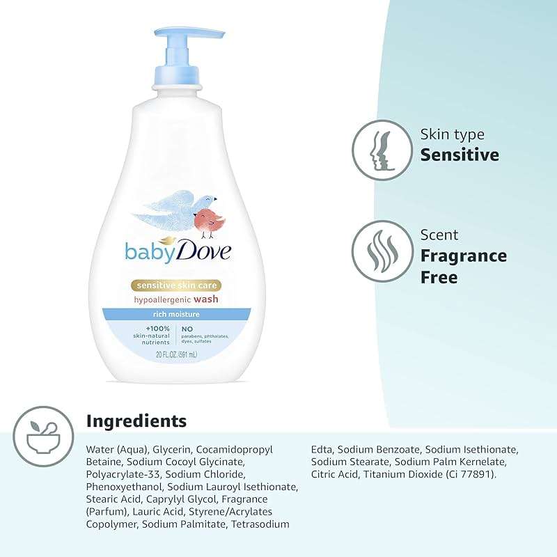 Baby Dove Sensitive Skin Care Baby Wash For Baby Bath Time Rich Moisture Tear-Free and Hypoallergenic, 20 oz (Packaging May Vary) - Image 17