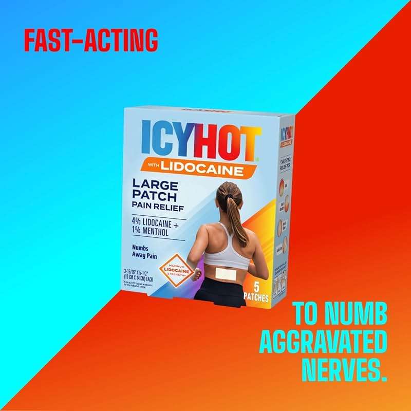 Icy Hot Lidocaine Pain Relief Patches, Numb Aggravated Nerves with Max Strength Lidocaine 4% and Menthol 1%, Fast-Acting Pain Relief for Minor Pain, Backaches, Sprains and Strains, 5 ct. - Image 4