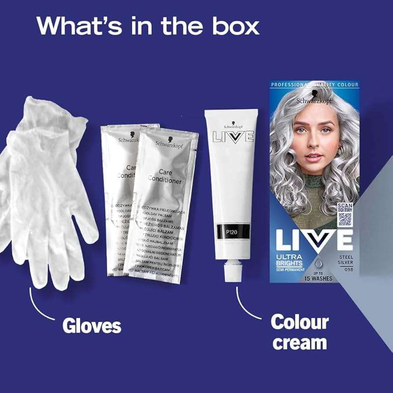 Schwarzkopf LIVE Ultra Bright or Pastel Grey Hair Dye, Pack of 3, Semi-Permanent Colour lasts up to 15 washes- 098 Silver Steel - Image 5