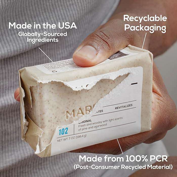 MARLOWE. No. 102 Body Scrub Soap 7 oz, Exfoliating Soap Bar with Shea Butter, Olive Oil & Green Tea Extracts, Cleanses, Smooths & Revitalizes Skin, Original Sage & Fir Scent - Image 8