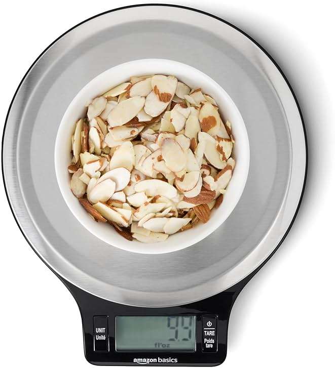Amazon Basics Digital Kitchen Scale with LCD Display, Tare Function, Multiple Units, Weighs up to 11 Pounds, Batteries Included, Black and Stainless Steel - Image 1