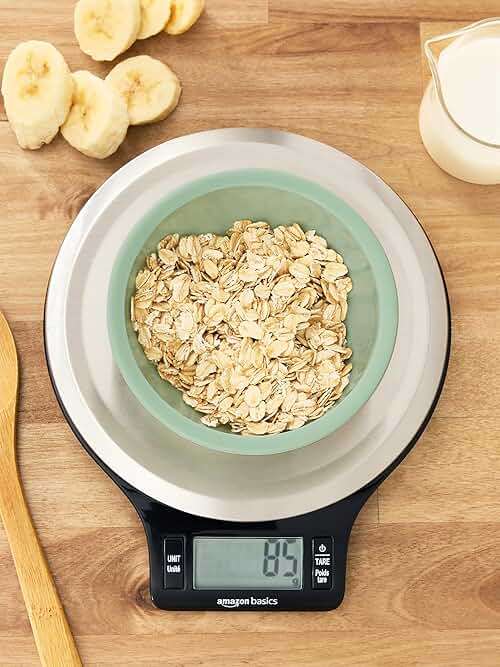 Amazon Basics Digital Kitchen Scale with LCD Display, Tare Function, Multiple Units, Weighs up to 11 Pounds, Batteries Included, Black and Stainless Steel - Image 2