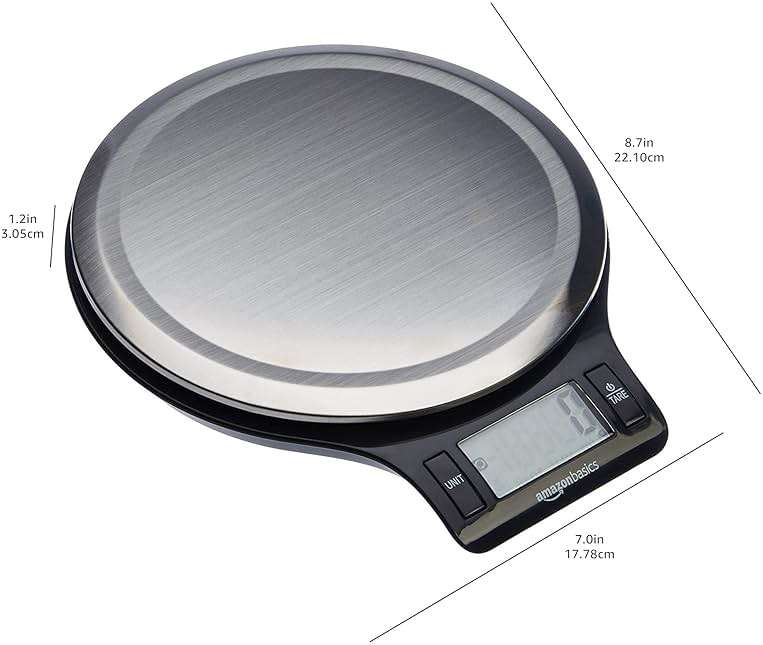 Amazon Basics Digital Kitchen Scale with LCD Display, Tare Function, Multiple Units, Weighs up to 11 Pounds, Batteries Included, Black and Stainless Steel - Image 3
