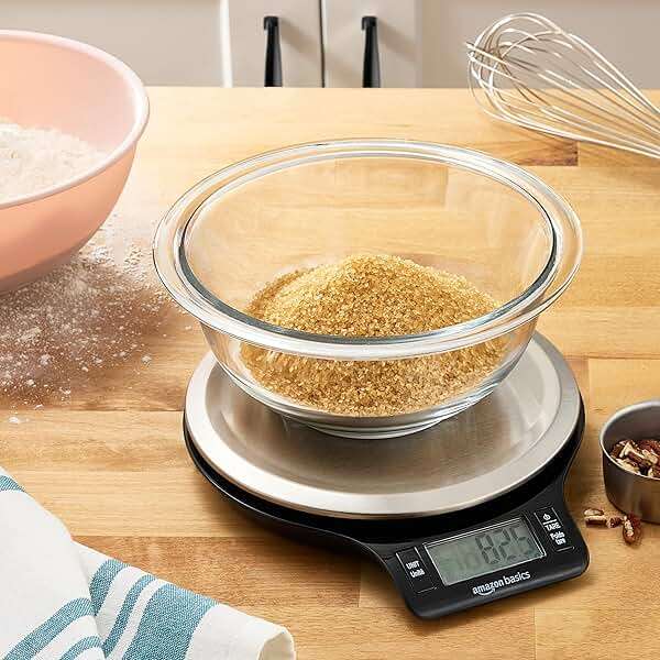 Amazon Basics Digital Kitchen Scale with LCD Display, Tare Function, Multiple Units, Weighs up to 11 Pounds, Batteries Included, Black and Stainless Steel - Image 6
