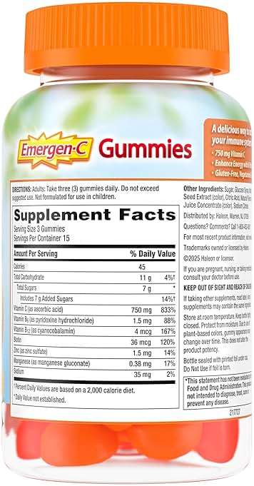 Emergen-C 750mg Vitamin C Gummies for Adults, Immunity Gummies with B Vitamins, Gluten Free, Orange, Tangerine and Raspberry Flavors, Back to School Essentials - 45 Count - Image 10