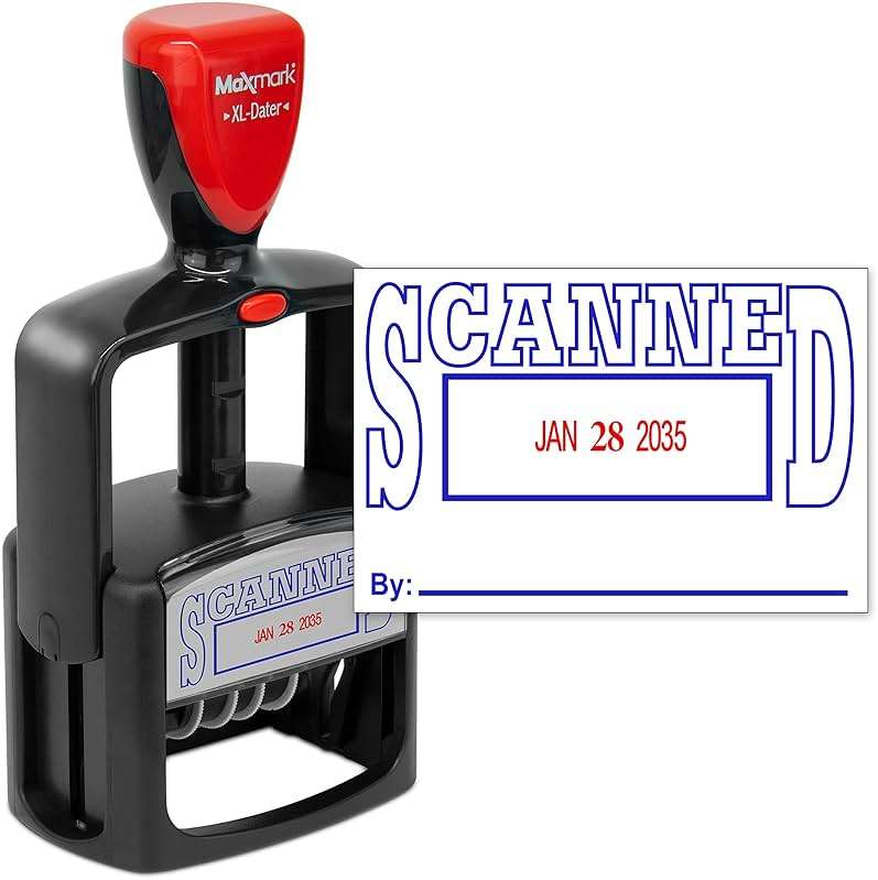 MaxMark Heavy Duty Style 5 Date Stamp with Scanned self Inking Stamp - 2 Color Blue/Red Ink - Image 1