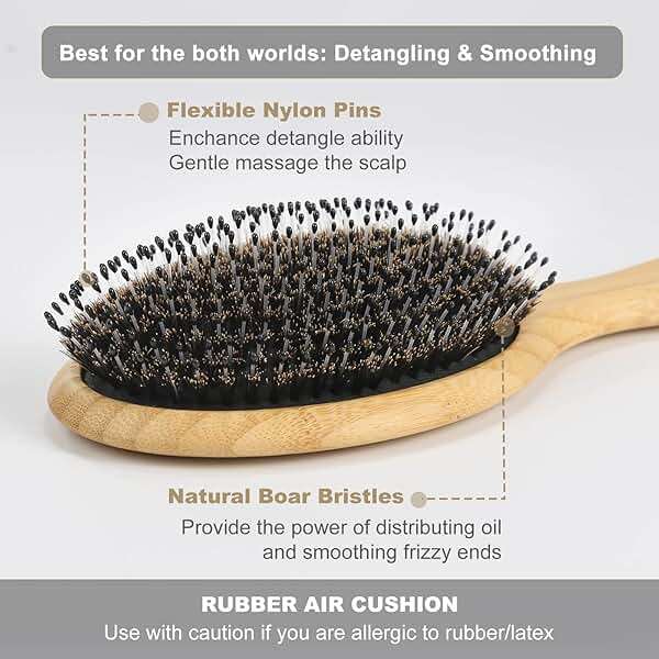 BESTOOL Hair Brush-Boar Bristle Hair Brushes Natural Bamboo Wooden Cushion Massage Anti Static Large Paddle Hairbrush for Women Men and Kid (Round) - Image 2