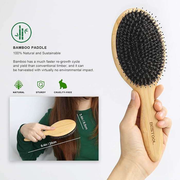 BESTOOL Hair Brush-Boar Bristle Hair Brushes Natural Bamboo Wooden Cushion Massage Anti Static Large Paddle Hairbrush for Women Men and Kid (Round) - Image 3