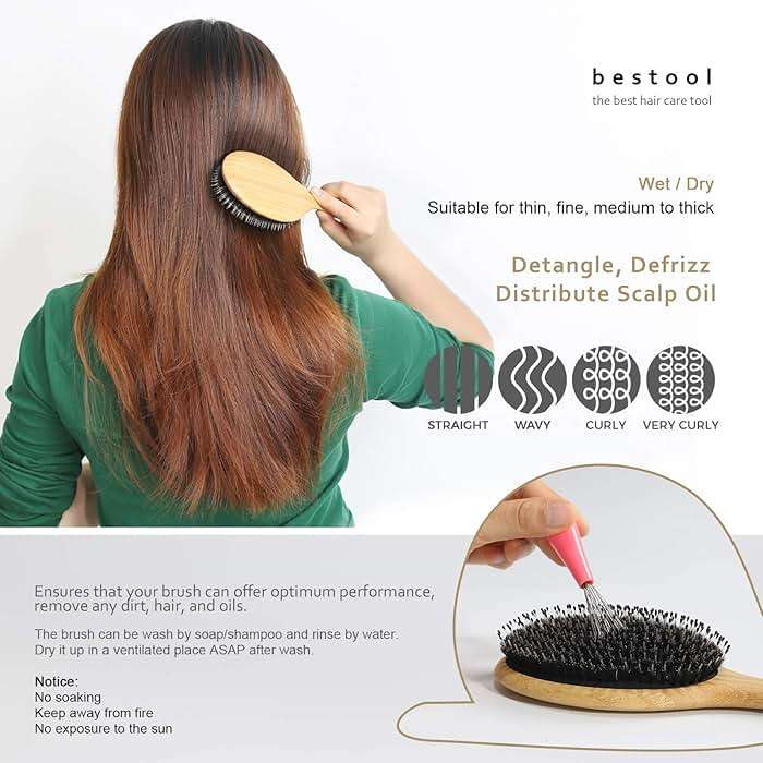 BESTOOL Hair Brush-Boar Bristle Hair Brushes Natural Bamboo Wooden Cushion Massage Anti Static Large Paddle Hairbrush for Women Men and Kid (Round) - Image 4