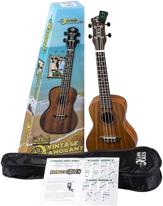 Luna Vintage Mahogany Concert Ukulele Pack with Tuner and Bag - Image 6