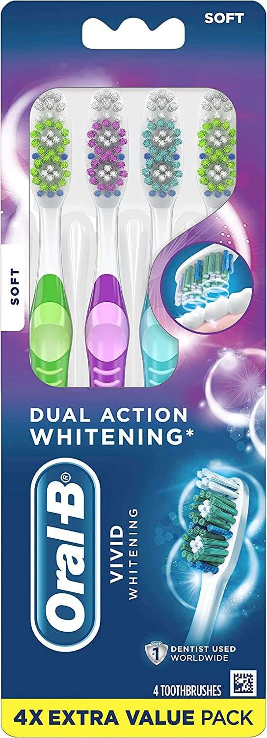Oral-B 3D White Manual Toothbrush, 4-Pack, Stain Eraser, Soft Bristle Brushes, Adult Teeth Whitening, Daily Plaque Removal, Built-in Tongue Scraper Cheek Cleaner, Travel Size Toiletries - Image 1