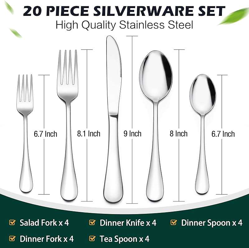 LIANYU 20 Piece Silverware Flatware Cutlery Set, Stainless Steel Utensils Service for 4, Include Knife Fork Spoon, Mirror Polished, Dishwasher Safe - Image 2