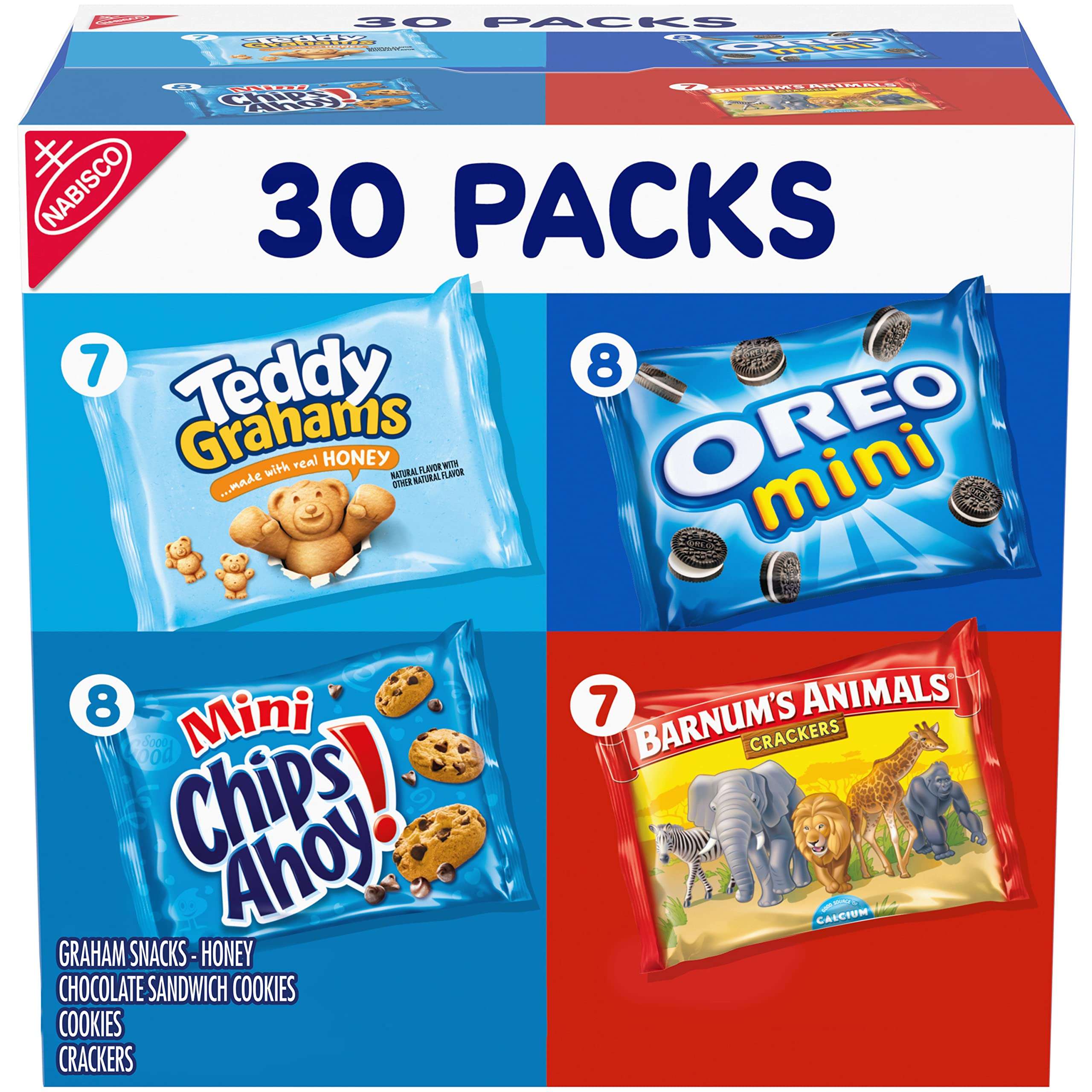 Nabisco Team Favorites Variety Pack, OREO Mini, CHIPS AHOY! Mini, Teddy Grahams Honey & Barnum's Animal Crackers, 30 Snack Packs - Image 1