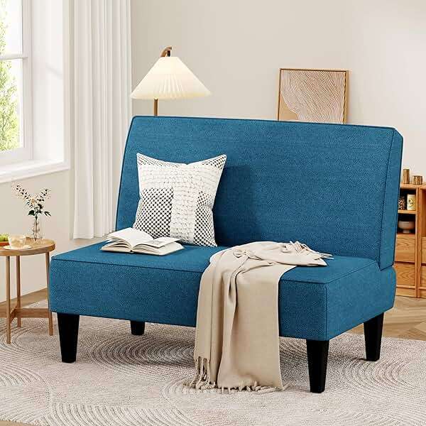 Changjie Furniture Small Loveseat Sofa Upholstered Mini Couch for Small Spaces 2-Seater Sofa Couch with Wooden Legs for Bedroom Living Room(Blue) - Image 1