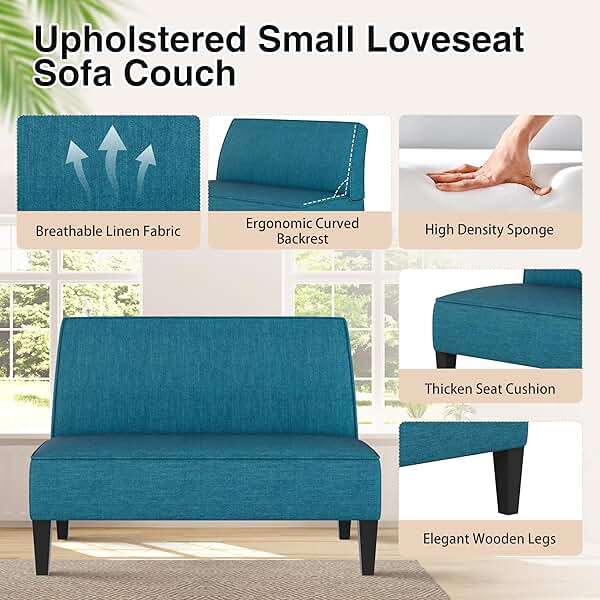 Changjie Furniture Small Loveseat Sofa Upholstered Mini Couch for Small Spaces 2-Seater Sofa Couch with Wooden Legs for Bedroom Living Room(Blue) - Image 4