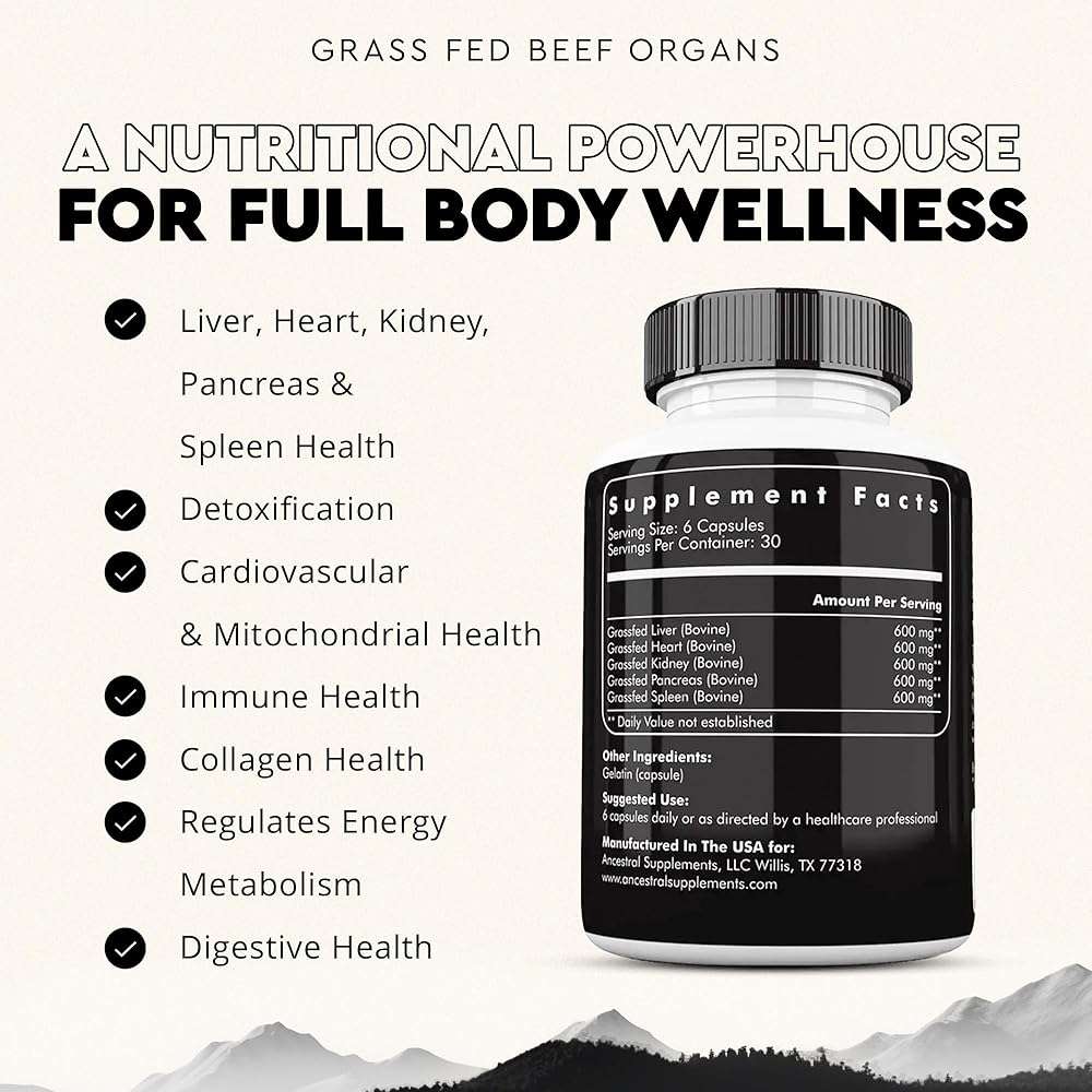 Ancestral Supplements Grass Fed Beef Organ Supplement, Supports Whole Body Wellness with Proprietary Blend of Liver, Heart, Kidney, Pancreas, Spleen, Freeze-Dried Beef, Non-GMO, 180 Capsules - Image 2