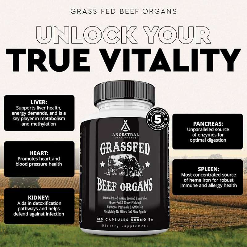 Ancestral Supplements Grass Fed Beef Organ Supplement, Supports Whole Body Wellness with Proprietary Blend of Liver, Heart, Kidney, Pancreas, Spleen, Freeze-Dried Beef, Non-GMO, 180 Capsules - Image 3