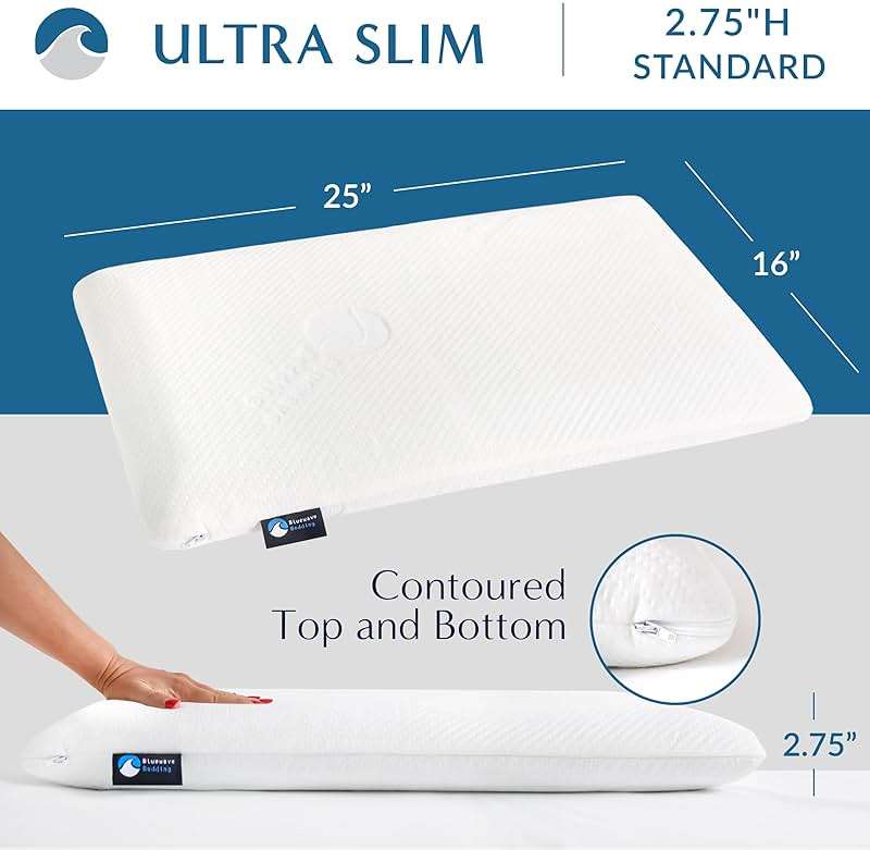 Bluewave Bedding Ultra Slim Gel Memory Foam Pillow for Stomach and Back Sleepers - Thin, Flat Design for Cervical Neck Alignment and Deeper Sleep (2.75-Inches Height, Standard Size) - Image 3