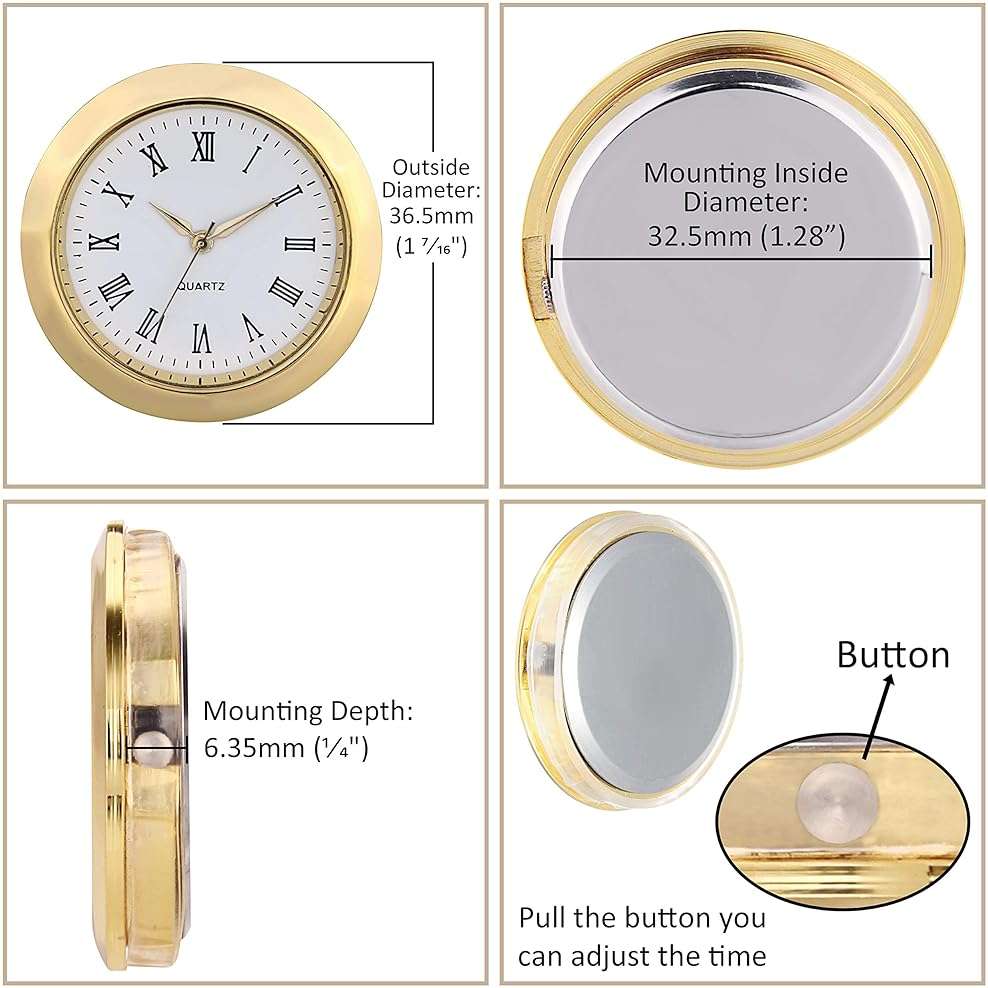 ShoppeWatch Mini Clock Insert 1 7/16" (35mm) Quartz Movement | Miniature Clock Face Insert | Small Round Fit Up White Dial Gold Tone Bezel Roman Numerals CK096GD - Image 2