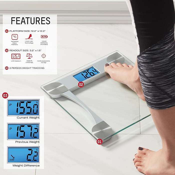 Taylor Digital Bathroom Scale for Body Weight, Large 12.2 Inch Glass Platform, Blue Backlit LCD Display, 440 lb Capacity, Weight Tracking for 2 Users, Clear - Image 2