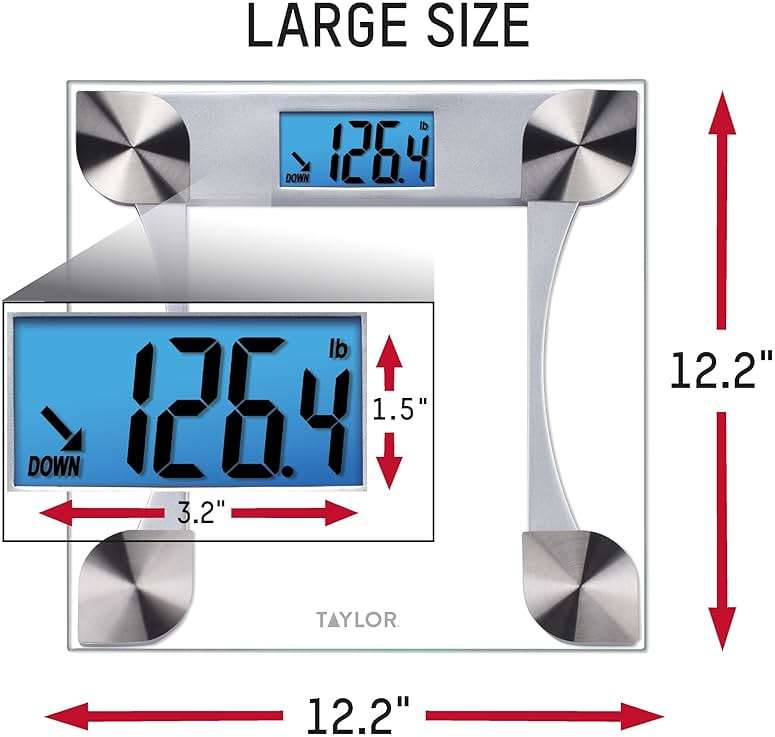 Taylor Digital Bathroom Scale for Body Weight, Large 12.2 Inch Glass Platform, Blue Backlit LCD Display, 440 lb Capacity, Weight Tracking for 2 Users, Clear - Image 3