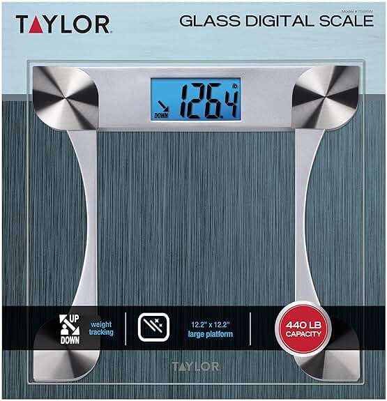Taylor Digital Bathroom Scale for Body Weight, Large 12.2 Inch Glass Platform, Blue Backlit LCD Display, 440 lb Capacity, Weight Tracking for 2 Users, Clear - Image 4