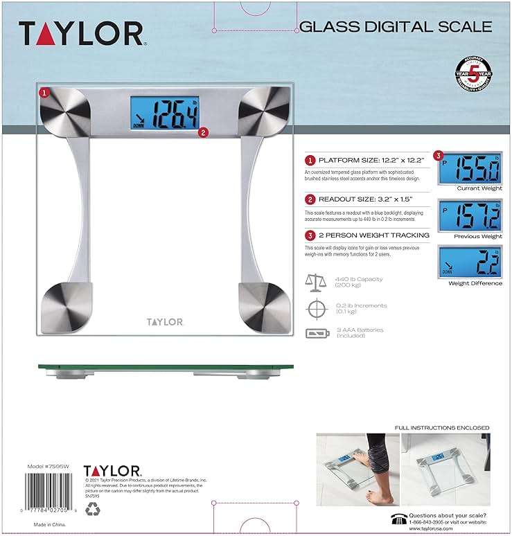 Taylor Digital Bathroom Scale for Body Weight, Large 12.2 Inch Glass Platform, Blue Backlit LCD Display, 440 lb Capacity, Weight Tracking for 2 Users, Clear - Image 5