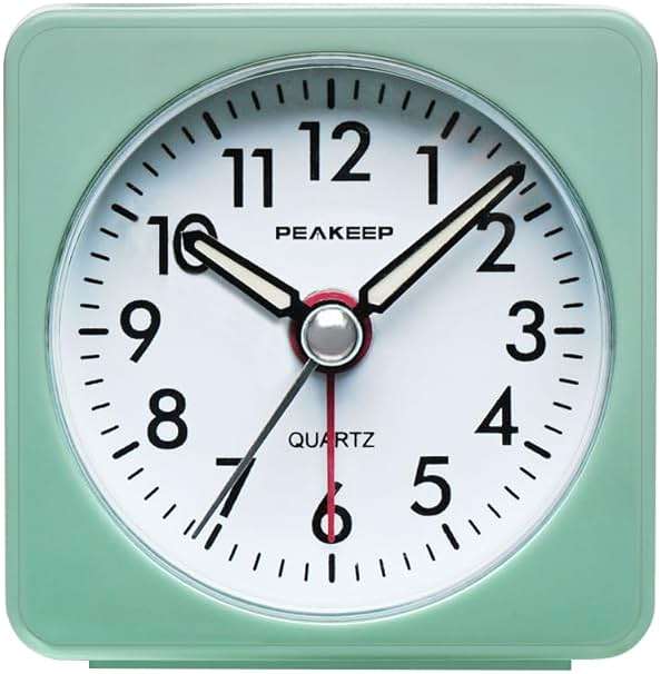 Peakeep Ultra Small, Battery Travel Alarm Clock with Snooze and Light, Silent with No Ticking Analog Quartz (Aquamarine) - Image 1