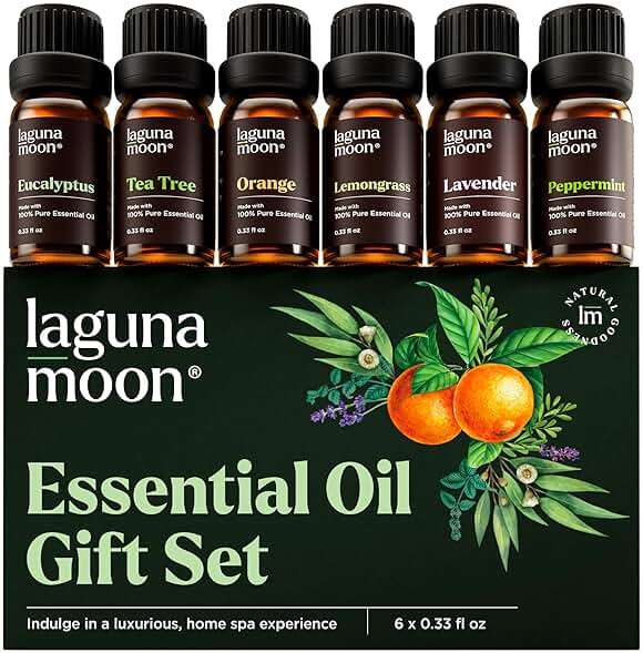 Lagunamoon Essential Oils Aromatherapy Set - 6 Oils for Diffusers, Home Care, Candle Making Scents, Fragrance, Humidifiers, Gifts - Peppermint, Tea Tree, Lavender, Eucalyptus, Orange (10mL) - Image 1