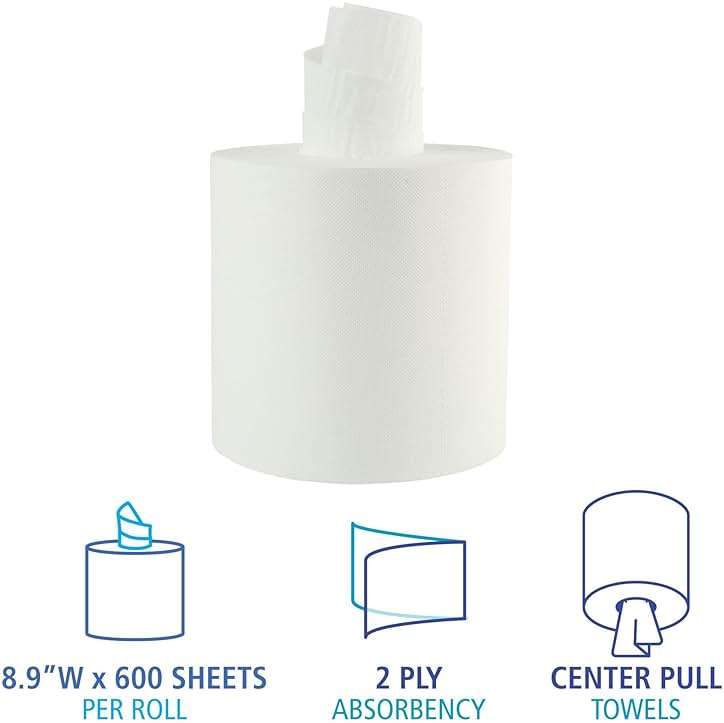 Boardwalk Bathroom Center-Pull Disposable Hand Paper Towel Roll, 2-Ply, 7.6 x 8.9, 600/Roll, 6/Carton, White - Image 4