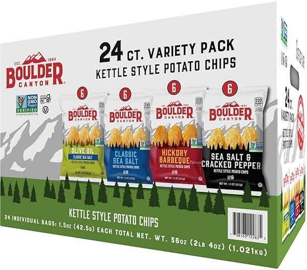 Boulder Canyon Kettle Style Potato Chips Variety Pack, 24 Count, Assorted 1.5oz. Bags, Olive Oil Classic Sea salt, Hickory BBQ, Sea Salt & Cracked Pepper, Classic Sea salt - Image 1
