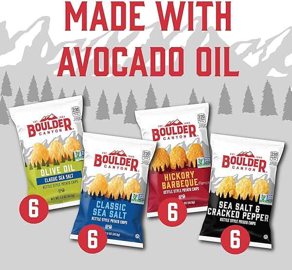 Boulder Canyon Kettle Style Potato Chips Variety Pack, 24 Count, Assorted 1.5oz. Bags, Olive Oil Classic Sea salt, Hickory BBQ, Sea Salt & Cracked Pepper, Classic Sea salt - Image 4