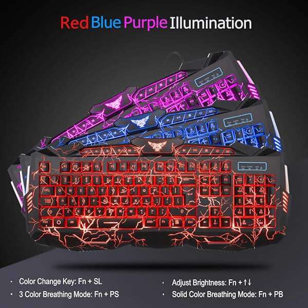 BlueFinger Gaming Keyboard Mouse Headset Combo, USB Wired Crack Backlit,114 Keys Letters Glow LED Keyboard, Red LED Light Headset for Laptop PC Computer Work and Game - Image 2