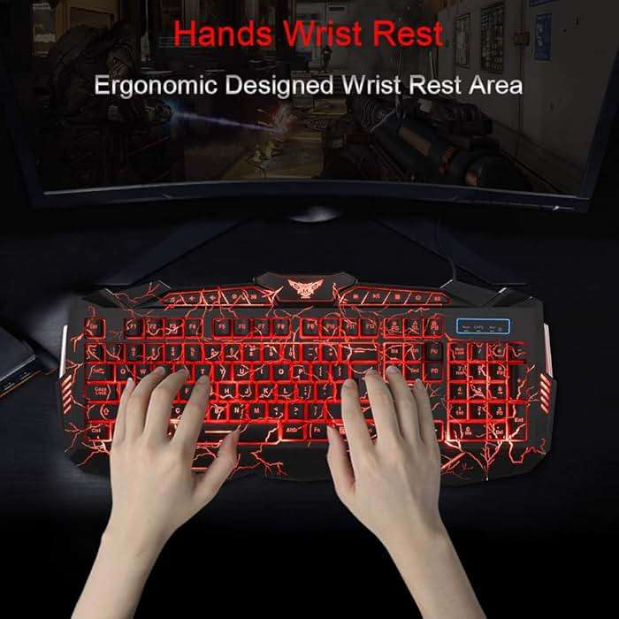 BlueFinger Gaming Keyboard Mouse Headset Combo, USB Wired Crack Backlit,114 Keys Letters Glow LED Keyboard, Red LED Light Headset for Laptop PC Computer Work and Game - Image 3