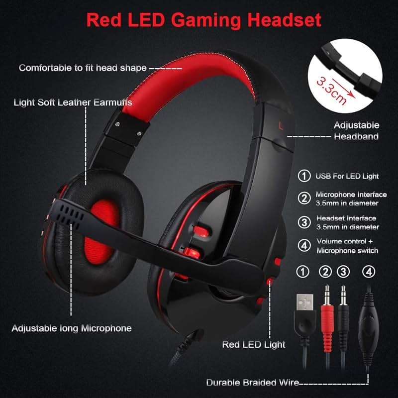 BlueFinger Gaming Keyboard Mouse Headset Combo, USB Wired Crack Backlit,114 Keys Letters Glow LED Keyboard, Red LED Light Headset for Laptop PC Computer Work and Game - Image 4