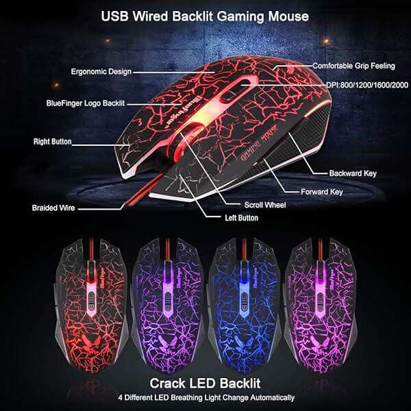 BlueFinger Gaming Keyboard Mouse Headset Combo, USB Wired Crack Backlit,114 Keys Letters Glow LED Keyboard, Red LED Light Headset for Laptop PC Computer Work and Game - Image 6