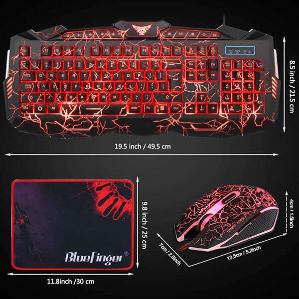 BlueFinger Gaming Keyboard Mouse Headset Combo, USB Wired Crack Backlit,114 Keys Letters Glow LED Keyboard, Red LED Light Headset for Laptop PC Computer Work and Game - Image 7